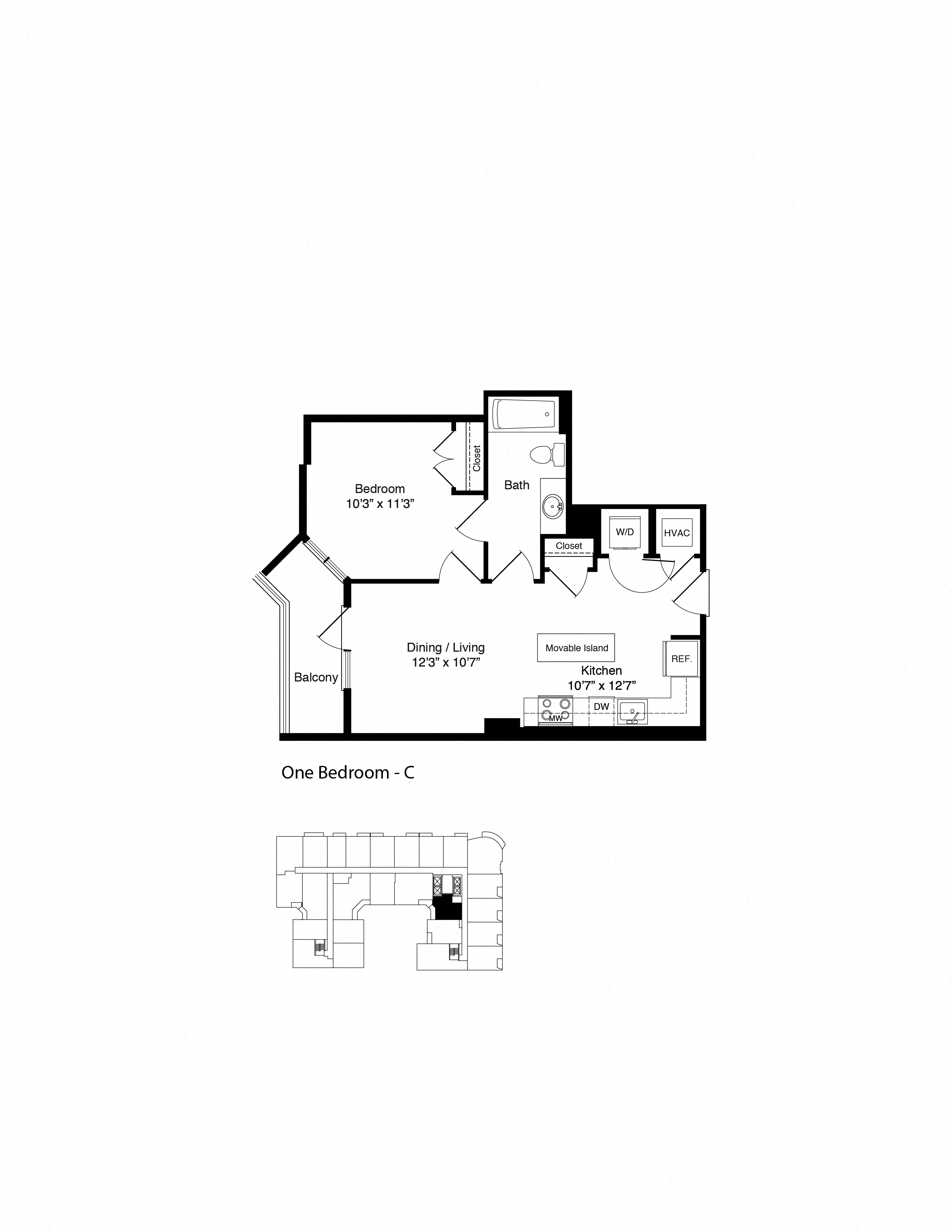 Floor plan for 1 bed, 1 bath, 574 sqft